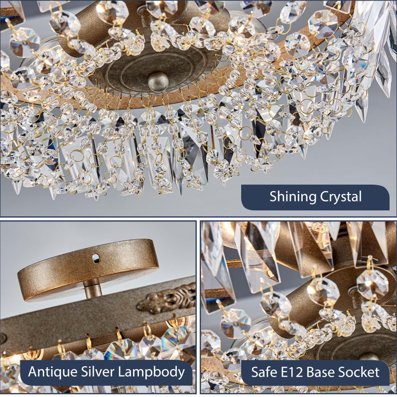 Bestier Antique Silver French Empire Crystal Semi Flush Mount Chandelier Lighting LED Ceiling Light Fixture Lamp for Dining Room Bathroom Bedroom Livingroom 4 E12 Bulbs Required D14 in X H8 in - Image 4